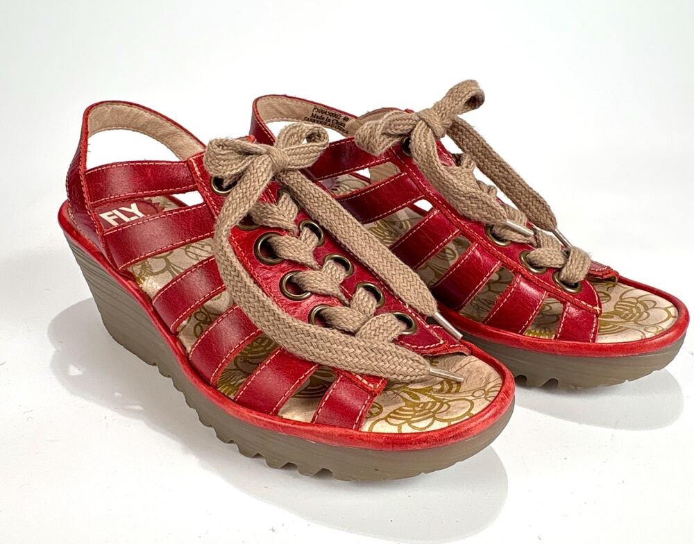 Fly London Women’s Yito Leather Lace Up Wedge Sandals Sling Back Red Sz 40 US 9